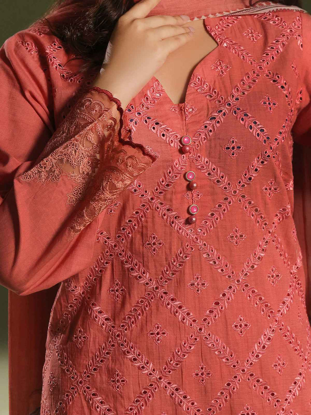 3Pc Embroidered Pret Suit Cambric Orange - OWE3P-2411011