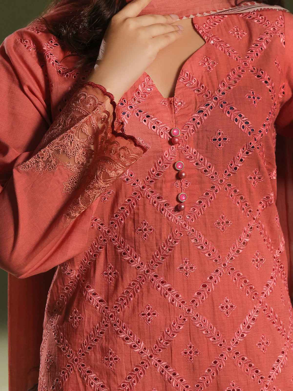 3Pc Embroidered Pret Suit Cambric Orange - OWE3P-2411011