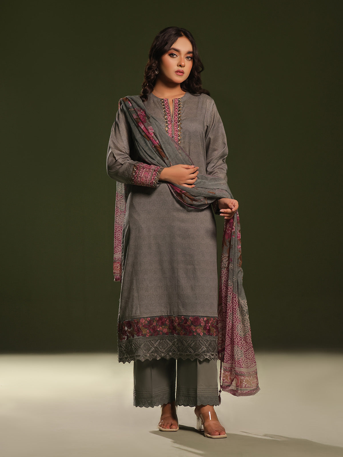 3Pc Embroidered Unstitched Cambric Grey - OCCE3P-6266-A