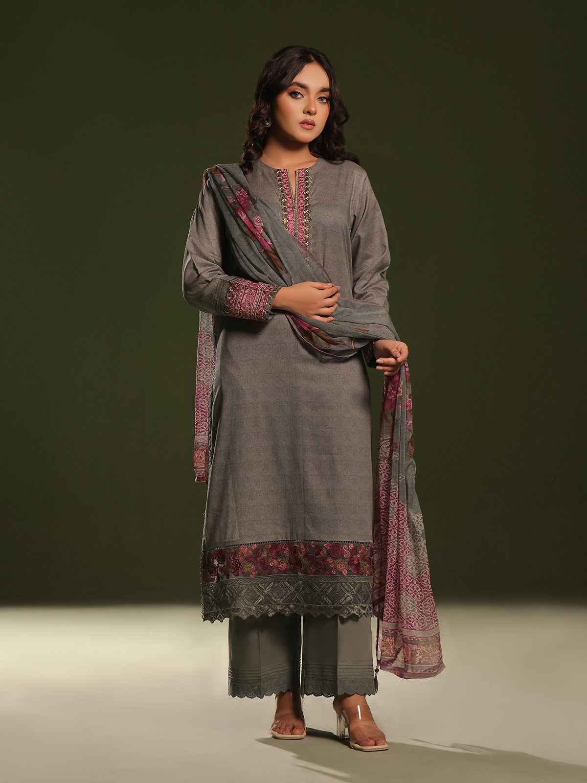 3Pc Embroidered Unstitched Cambric Grey - OCCE3P-6266-A