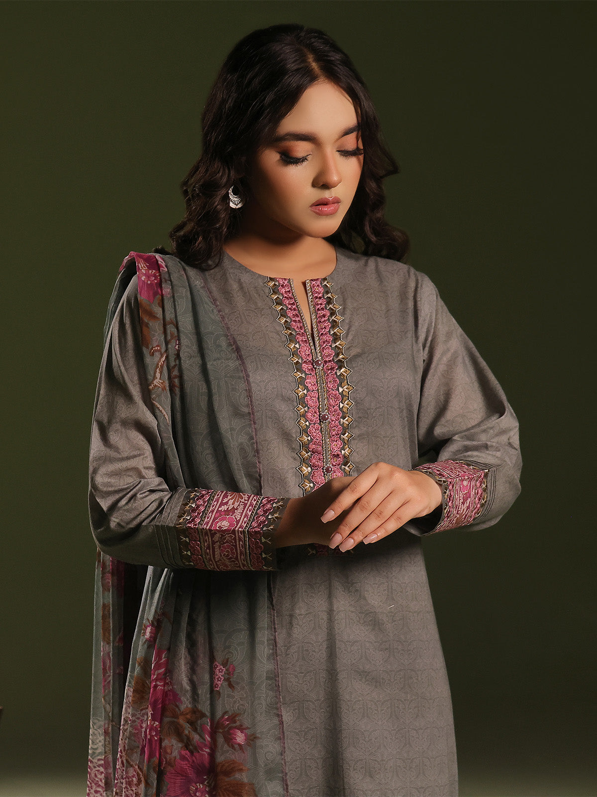 3Pc Embroidered Unstitched Cambric Grey - OCCE3P-6266-A