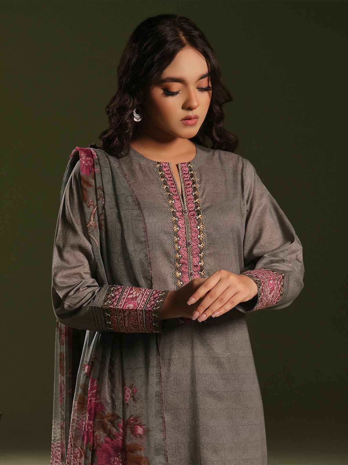3Pc Embroidered Unstitched Cambric Grey - OCCE3P-6266-A