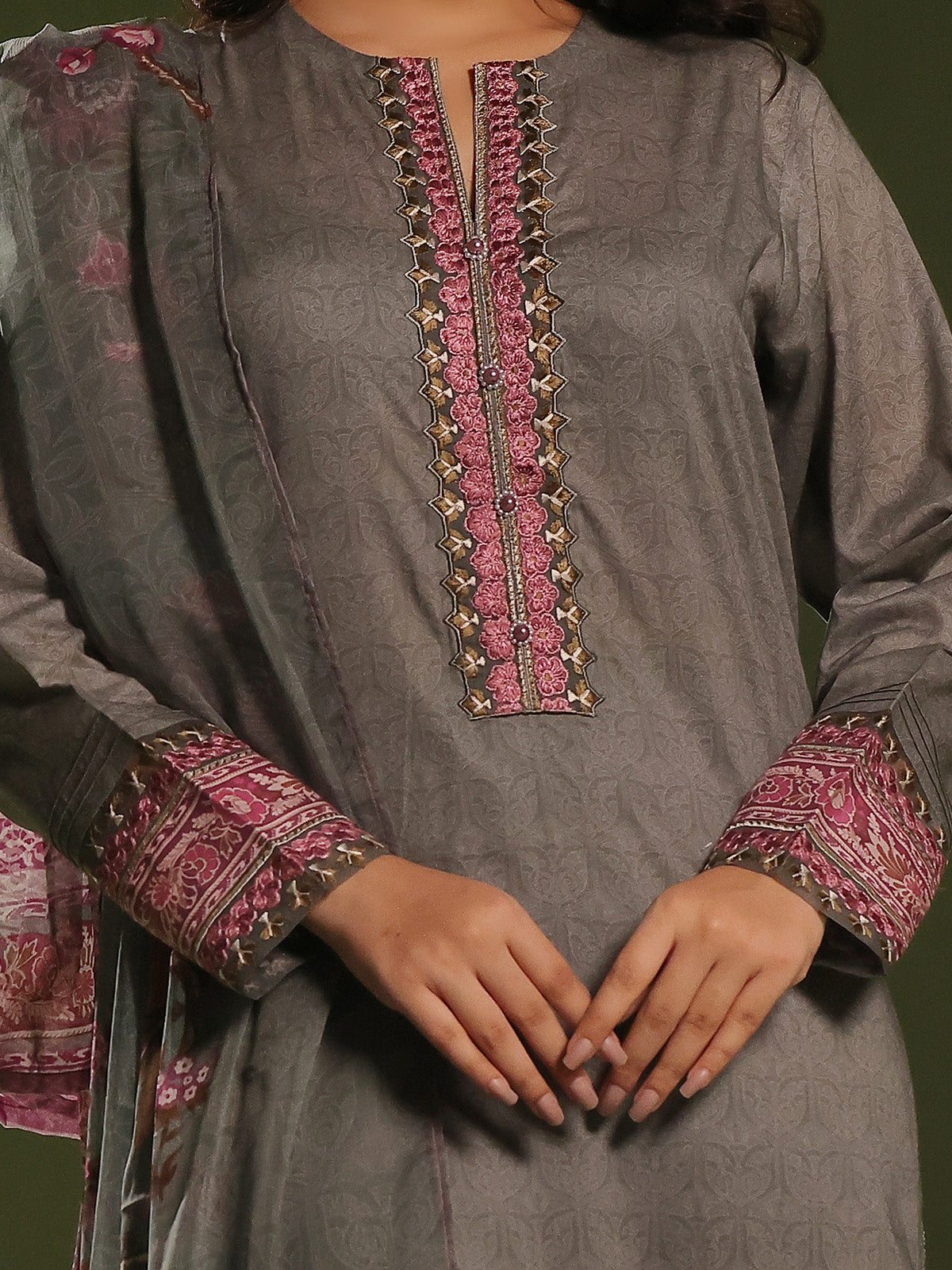 3Pc Embroidered Unstitched Cambric Grey - OCCE3P-6266-A