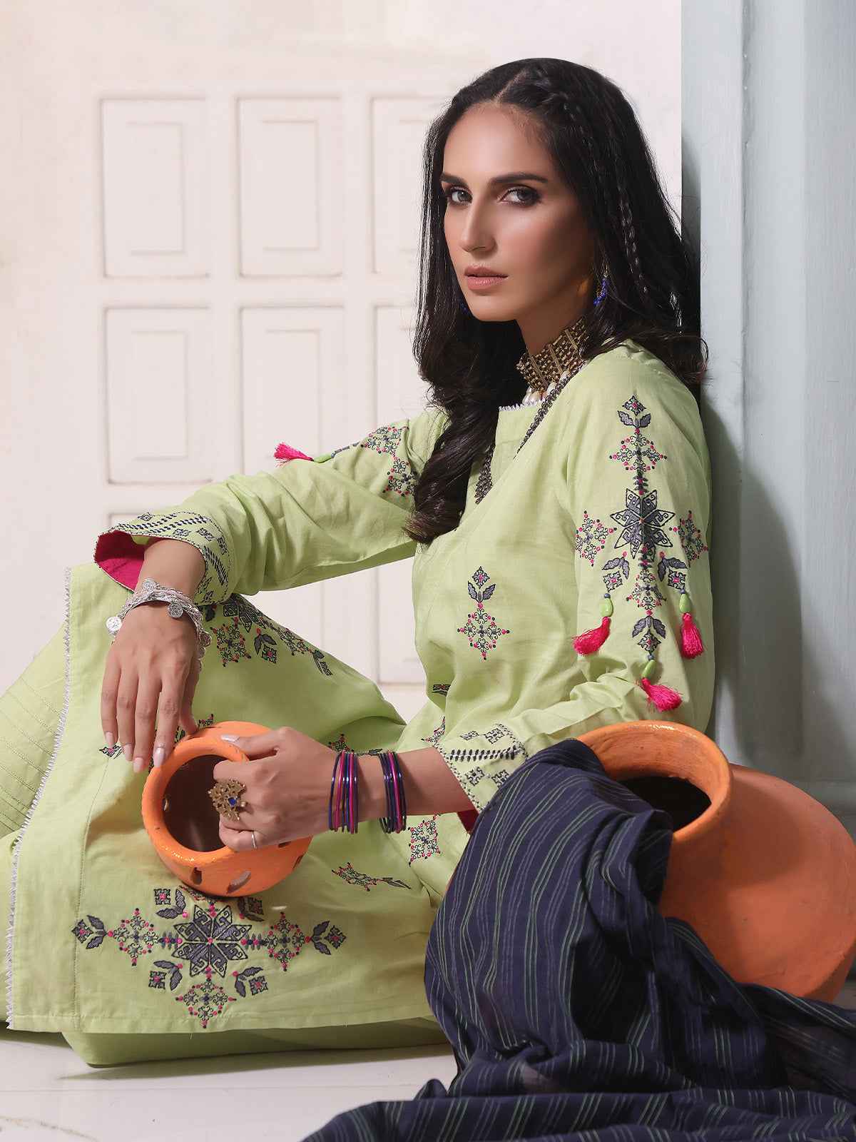 2Pc Embroidered Pret Shirt Dupatta Lawn Green - OWE2P-2205033