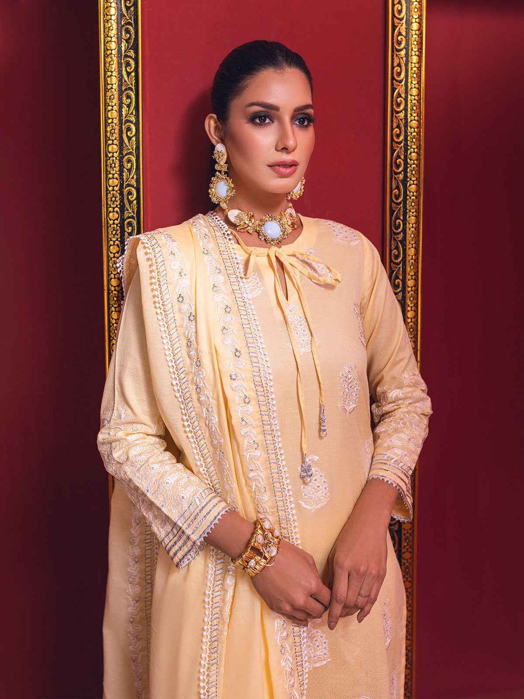 2Pc Embroidered Pret Shirt Dupatta Jacquard Yellow - OWE2P-2211025