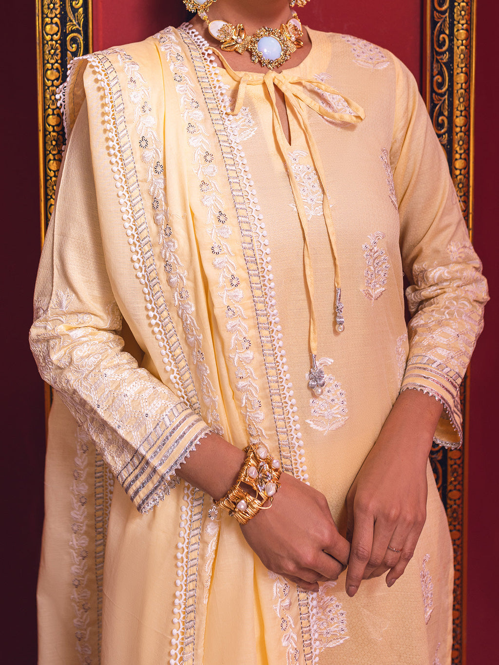 2Pc Embroidered Pret Shirt Dupatta Jacquard Yellow - OWE2P-2211025