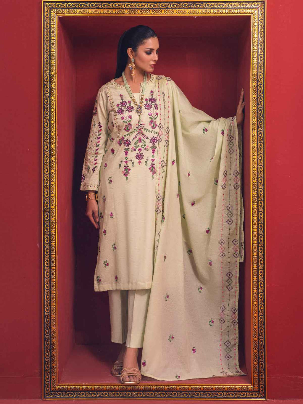 2Pc Embroidered Pret Shirt Dupatta Jacquard Green - OWE2P-2211027