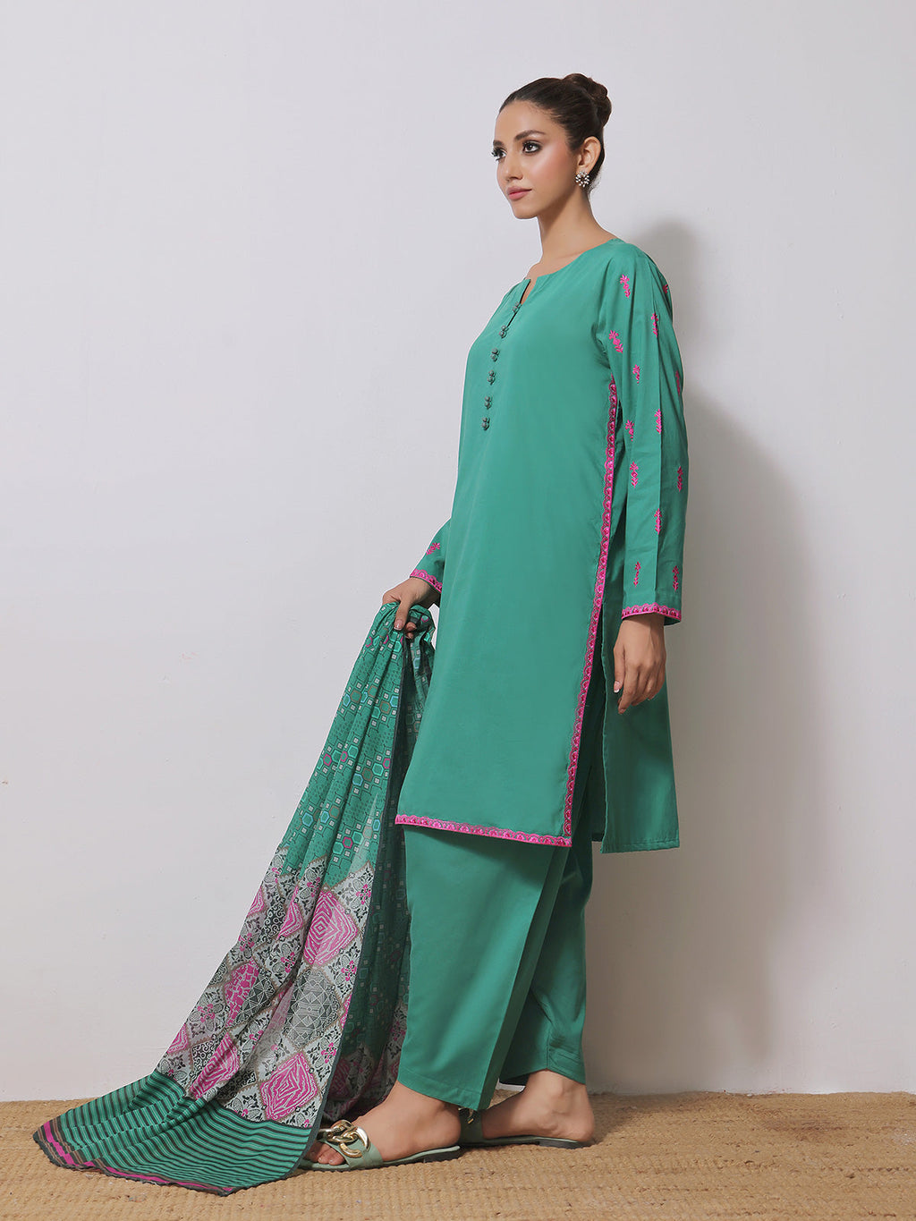 2Pc Embroidered Pret Shirt Dupatta Yarn Dyed Green - OWE2PG-2310020