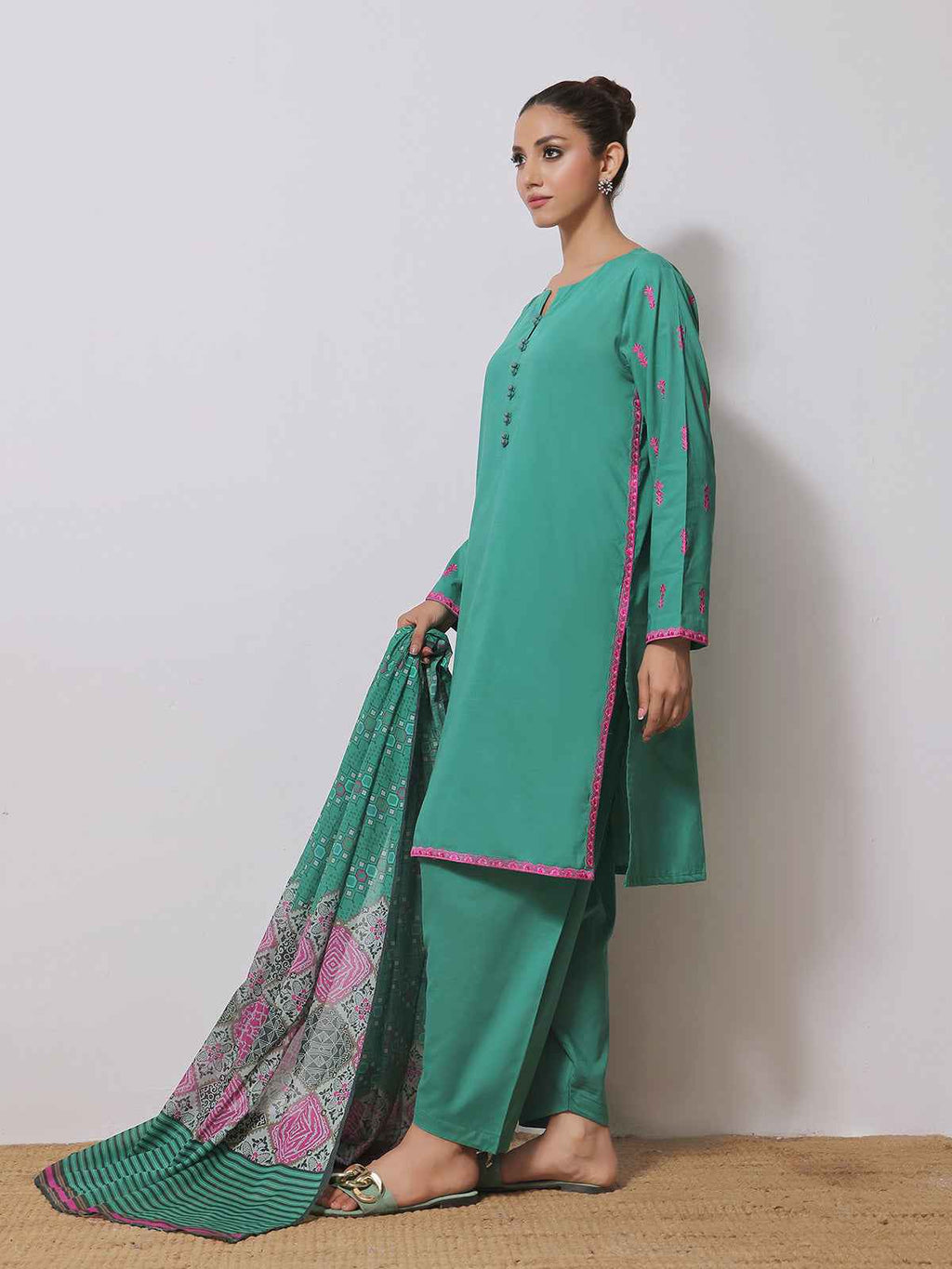 2Pc Embroidered Pret Shirt Dupatta Yarn Dyed Green - OWE2PG-2310020