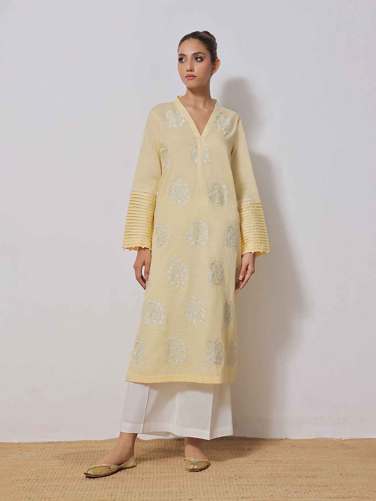 2Pc Embroidered Pret Shirt Dupatta Dobby Yellow - OWE2PG-2310021