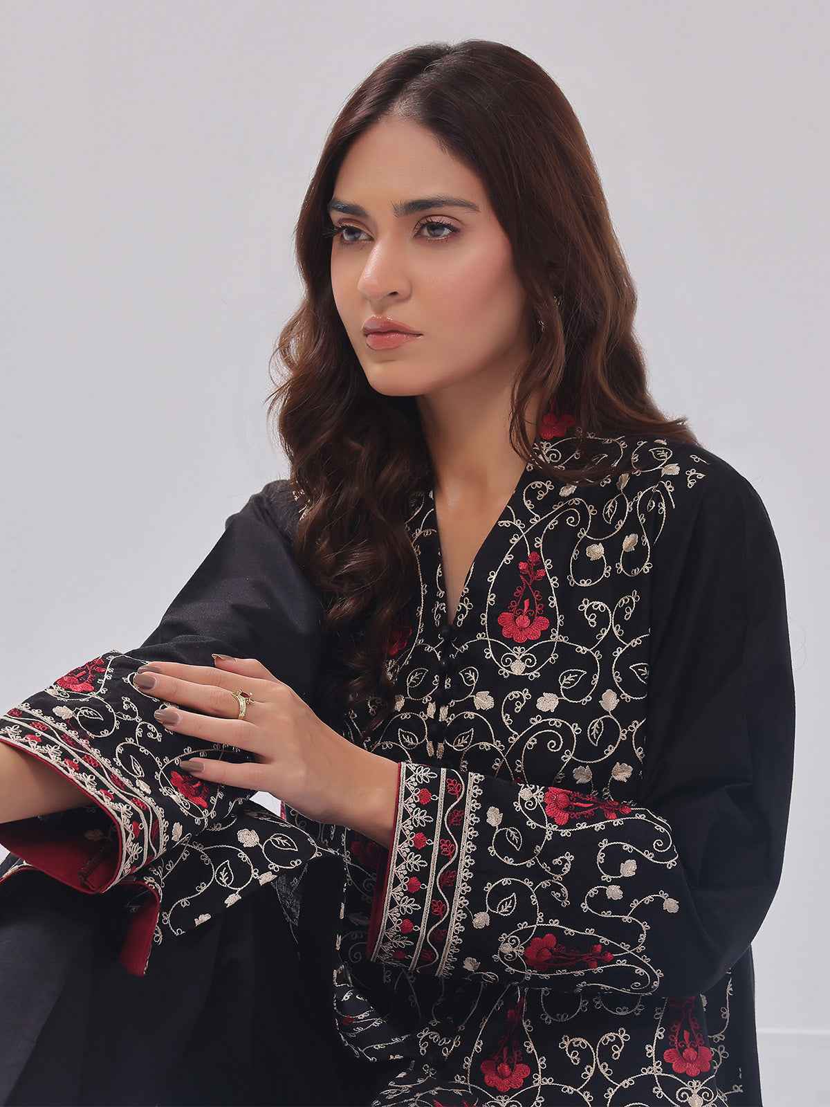 2Pc Embroidered Pret Shirt Trouser Cotton Silk Black - OWE2PG-2405035