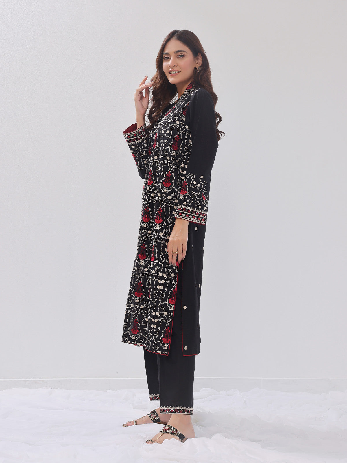 2Pc Embroidered Pret Shirt Trouser Cotton Silk Black - OWE2PG-2405035