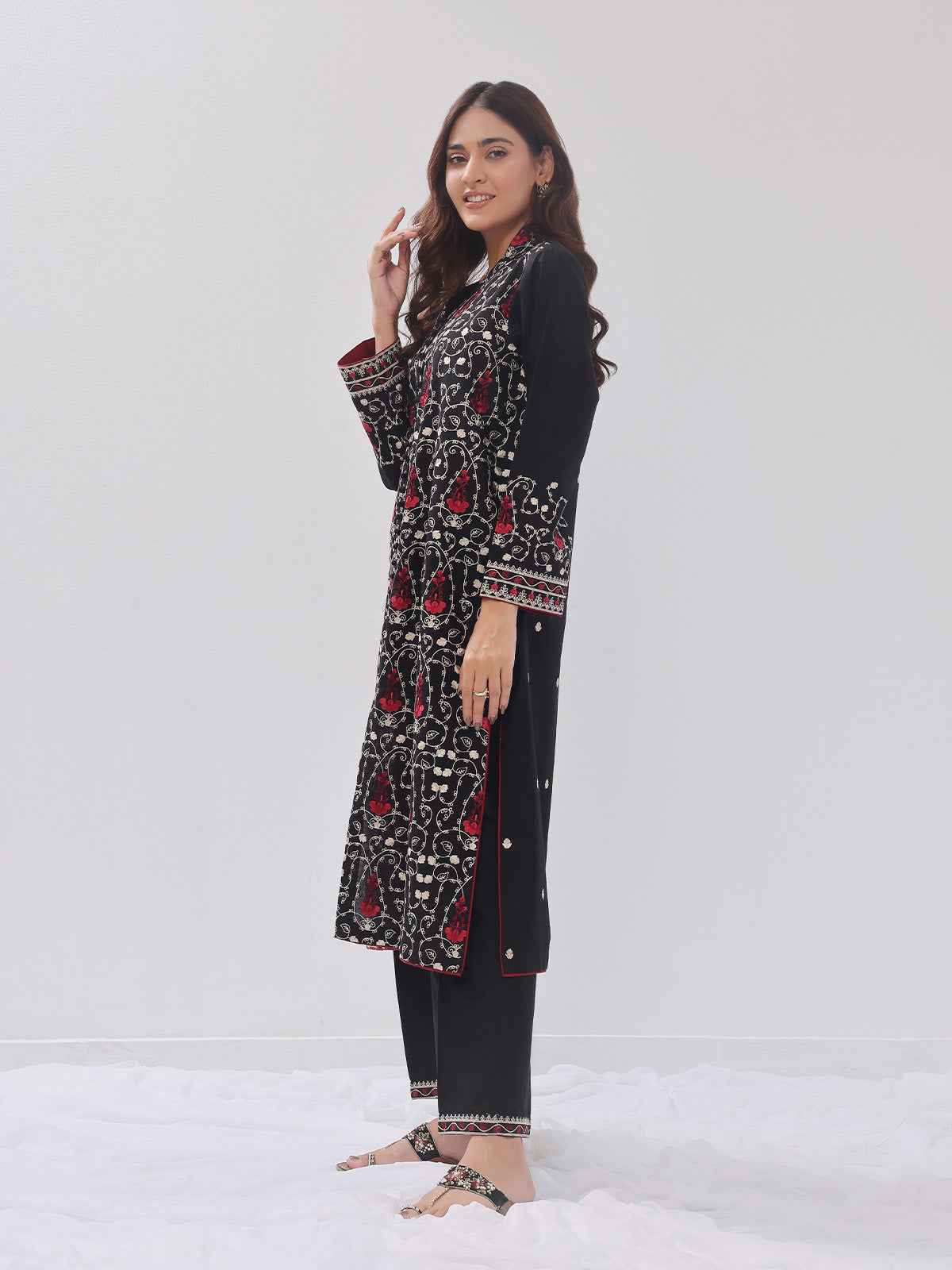 2Pc Embroidered Pret Shirt Trouser Cotton Silk Black - OWE2PG-2405035