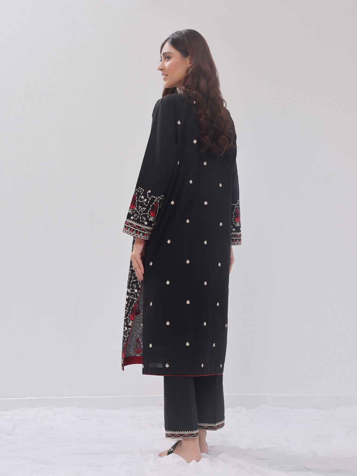2Pc Embroidered Pret Shirt Trouser Cotton Silk Black - OWE2PG-2405035