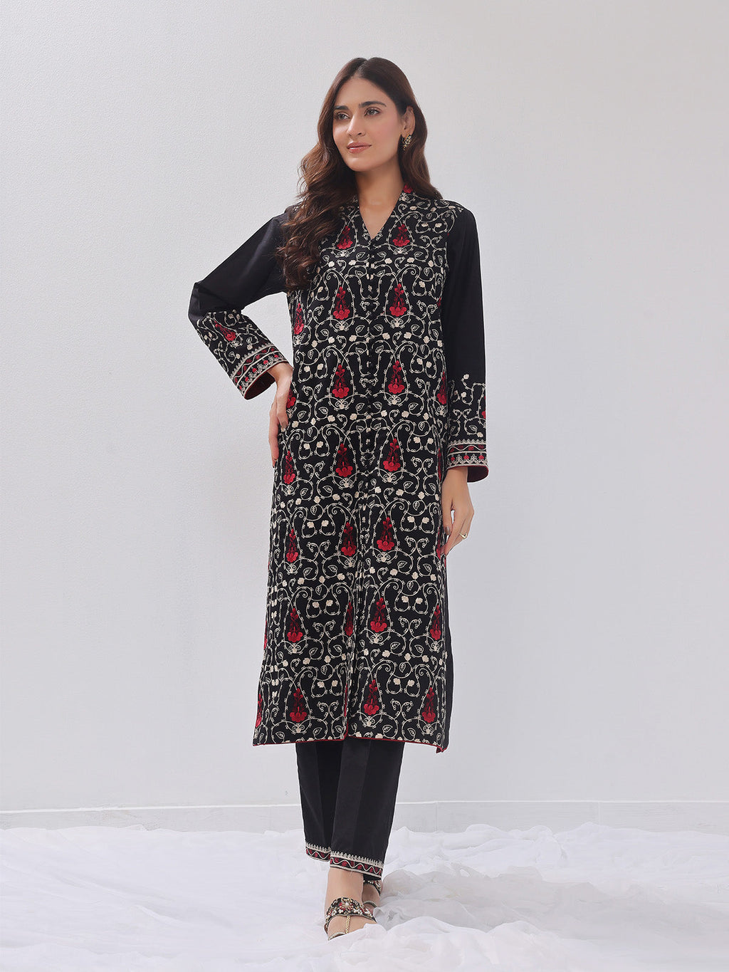 2Pc Embroidered Pret Shirt Trouser Cotton Silk Black - OWE2PG-2405035