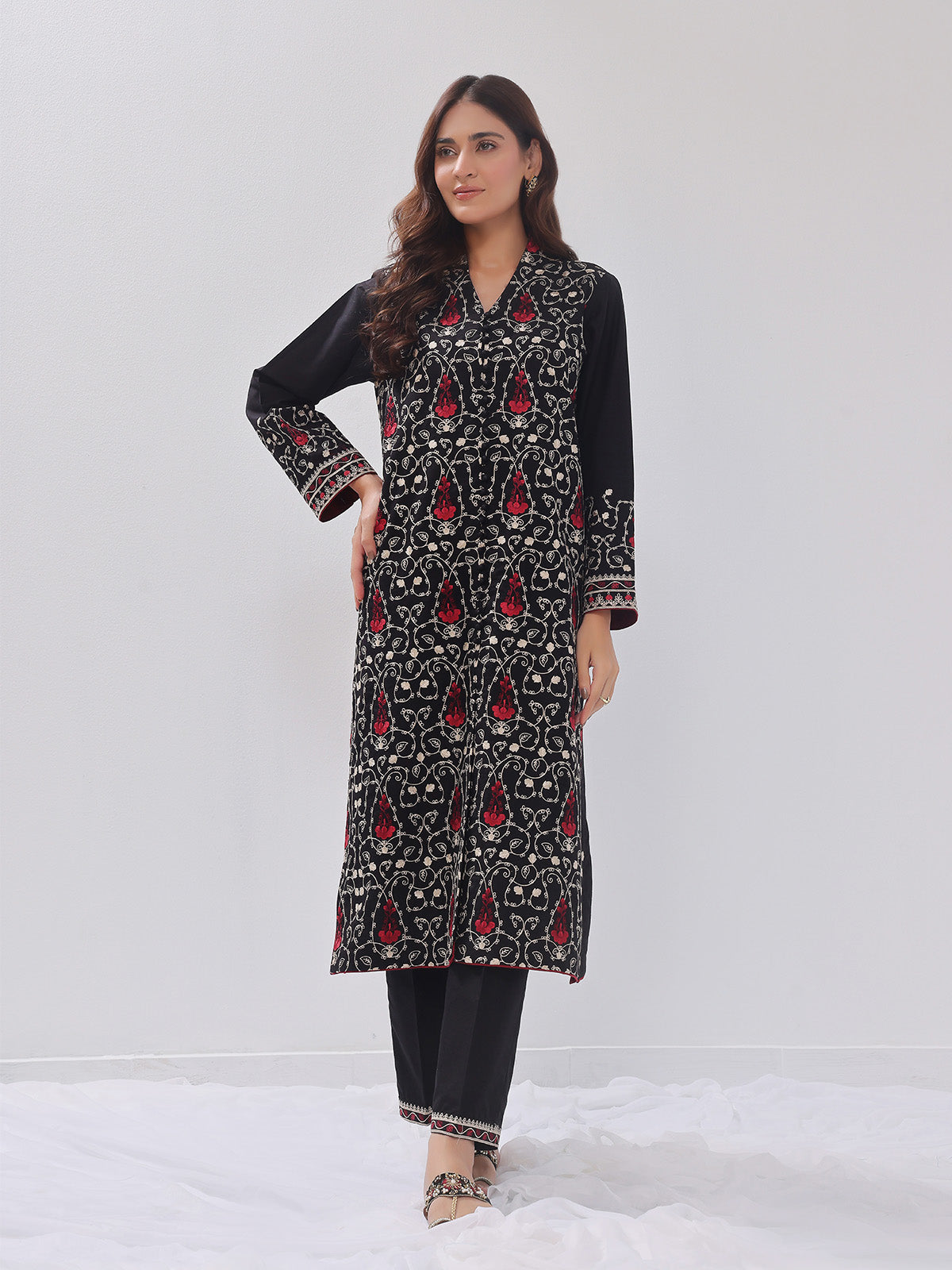 2Pc Embroidered Pret Shirt Trouser Cotton Silk Black - OWE2PG-2405035