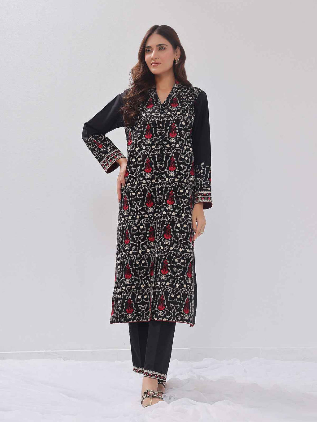 2Pc Embroidered Pret Shirt Trouser Cotton Silk Black - OWE2PG-2405035