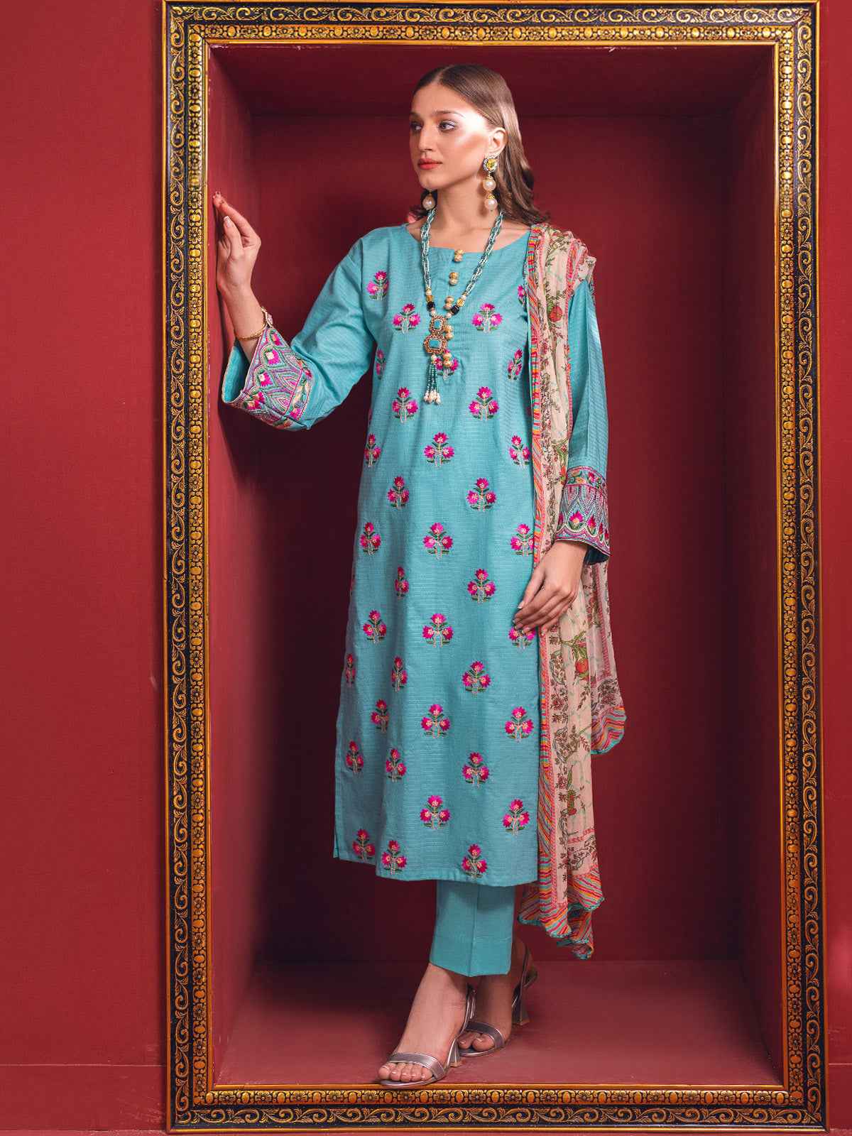 2Pc Embroidered Pret Shirt Dupatta Jacquard Ferozi - OWE3P-2211039