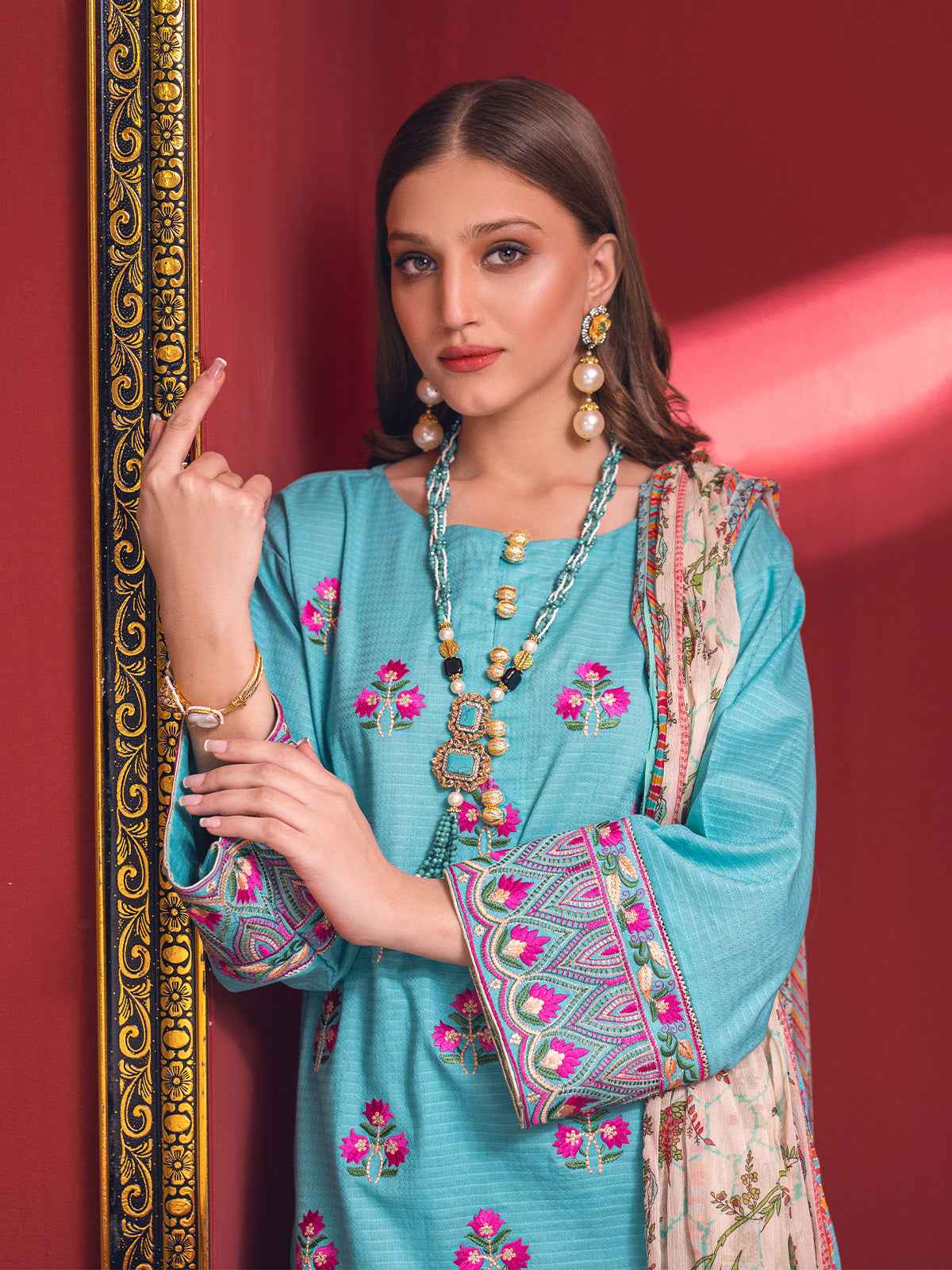 2Pc Embroidered Pret Shirt Dupatta Jacquard Ferozi - OWE3P-2211039