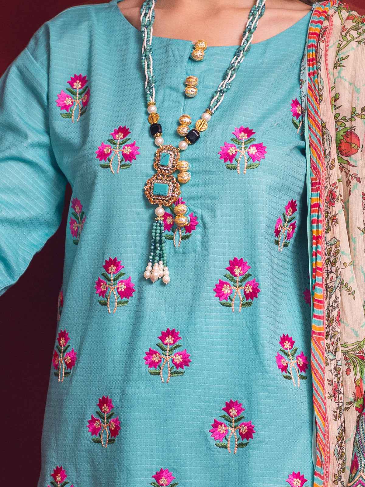 2Pc Embroidered Pret Shirt Dupatta Jacquard Ferozi - OWE3P-2211039