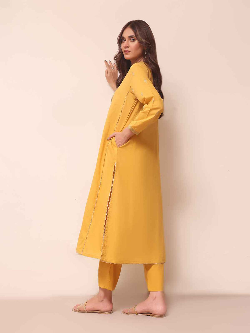 3Pc Embroidered Suit Pret Lawn Mustard - OWE3PG-2306021