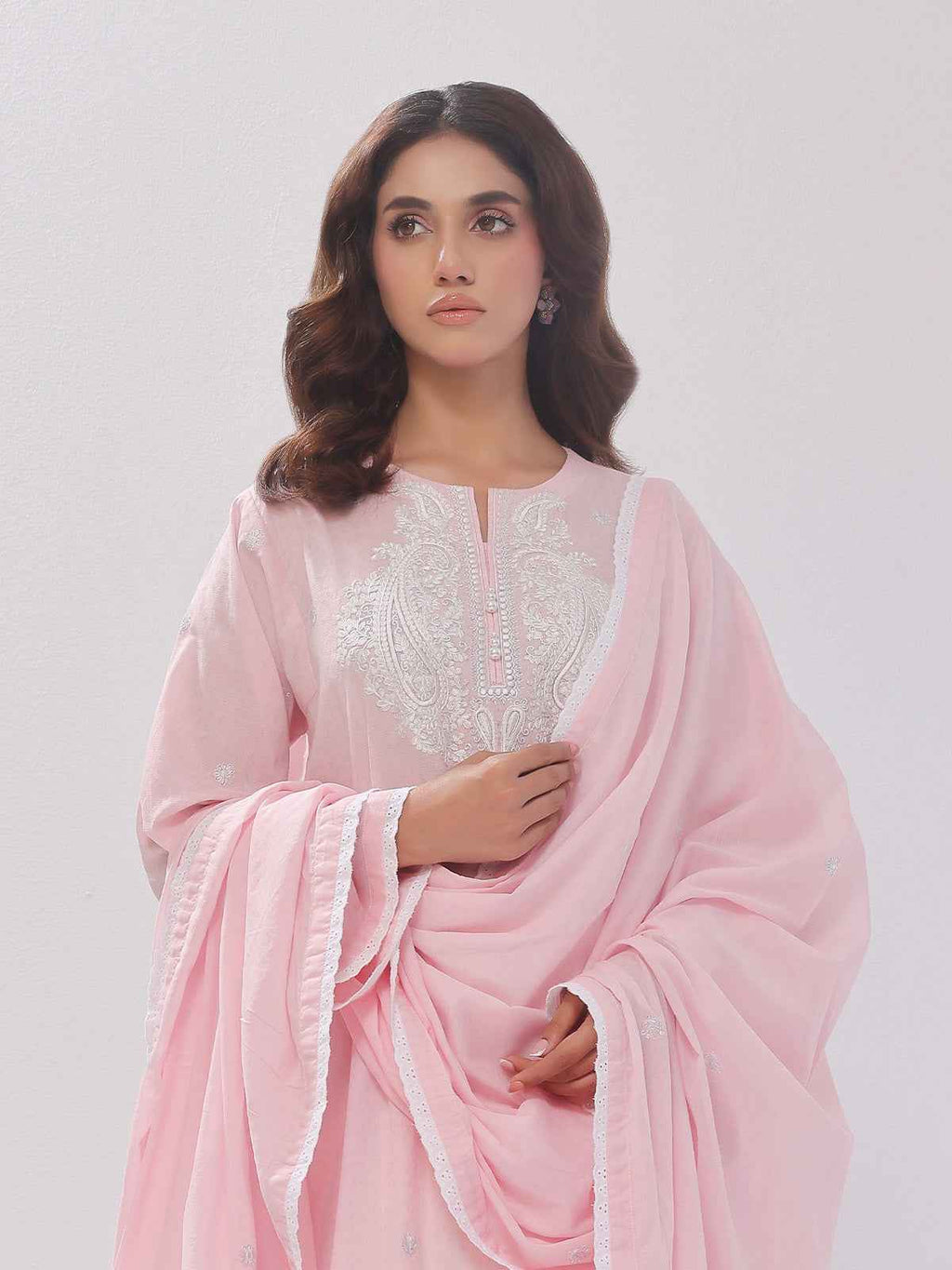 3Pc Embroidered Suit Pret Dobby Baby Pink - OWE3PG-2406007