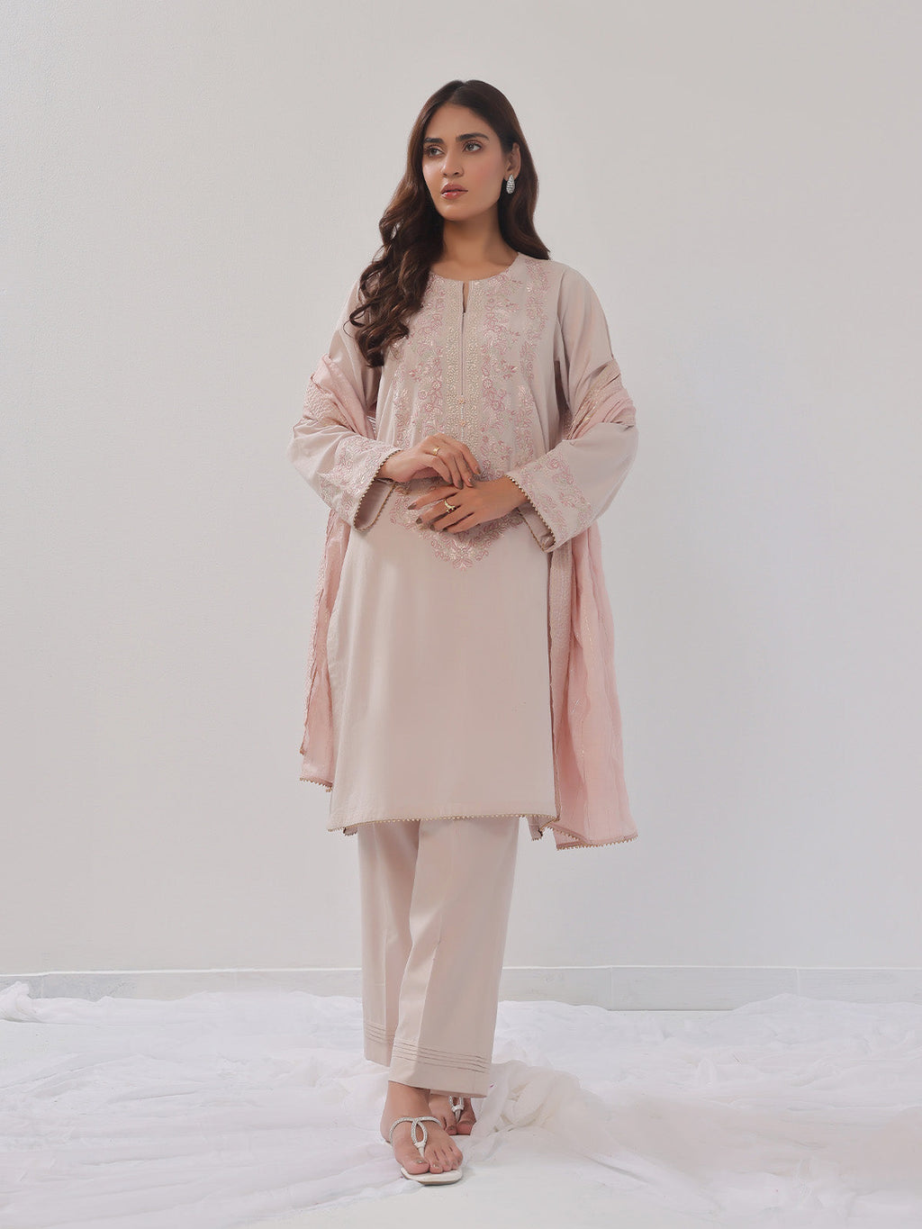 3PCs Embroidered Suit Pret Dyed Cambric Light Grey - OWE3PG-2406008