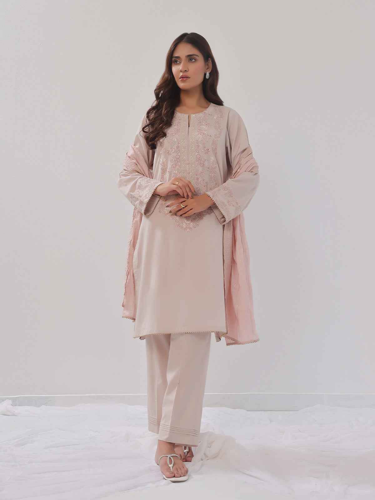 3PCs Embroidered Suit Pret Dyed Cambric Light Grey - OWE3PG-2406008