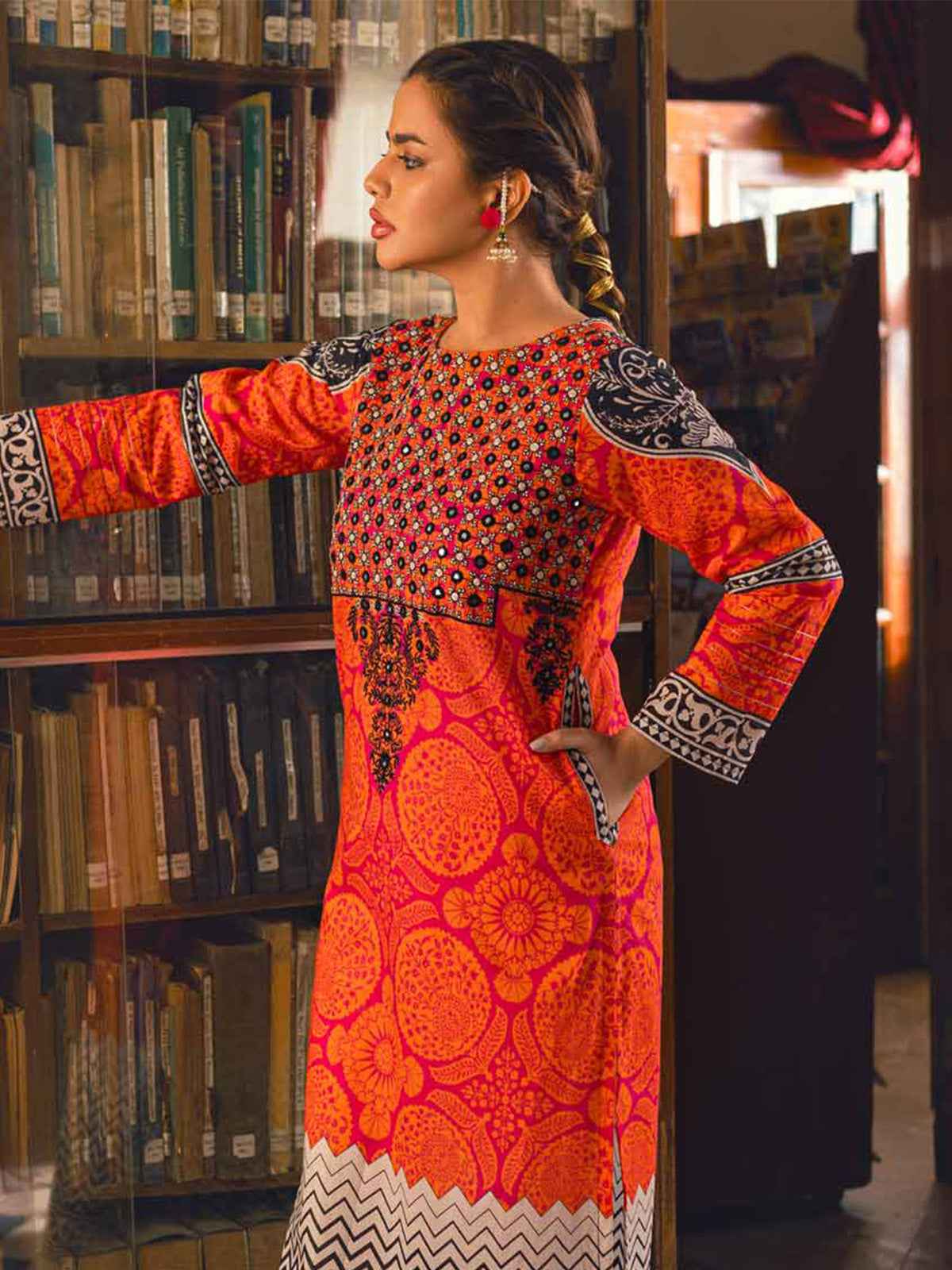1Pc Embroidered Pret Kurti Lawn Pink & Orange - OWEKT-2302026