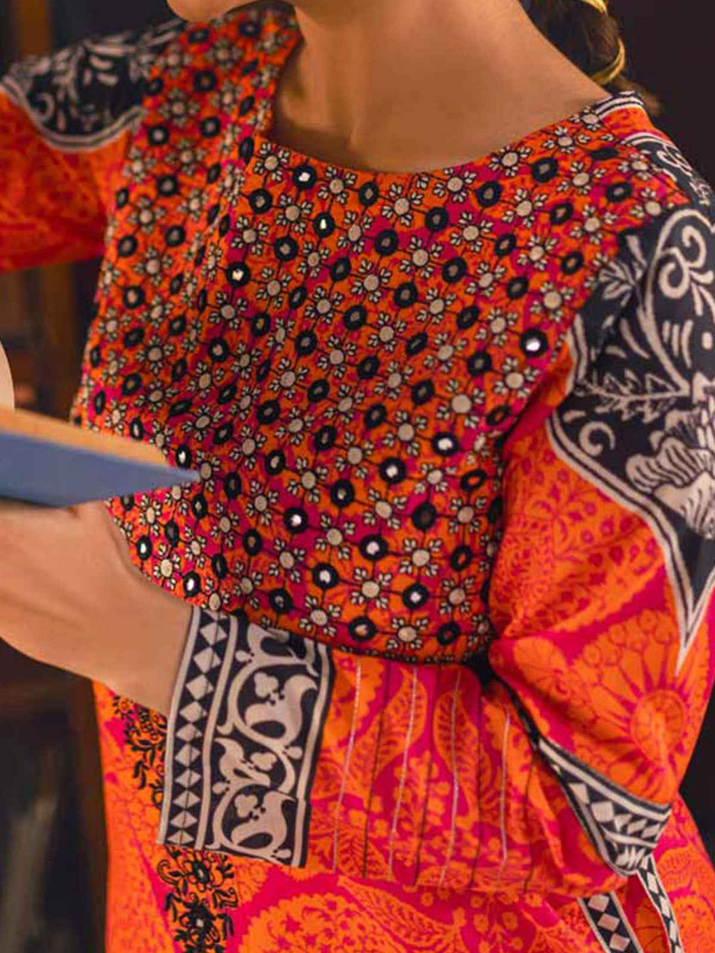 1Pc Embroidered Pret Kurti Lawn Pink & Orange - OWEKT-2302026