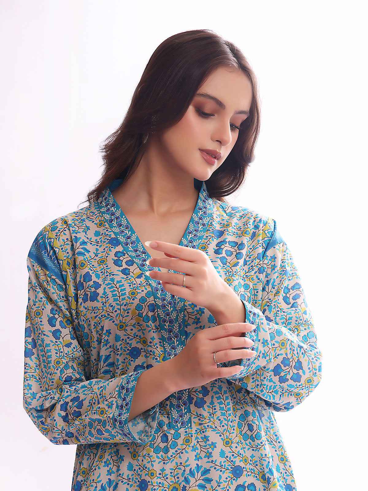 1Pc Embroidered Pret Kurti Lawn White & Blue - OWEKT-2304030