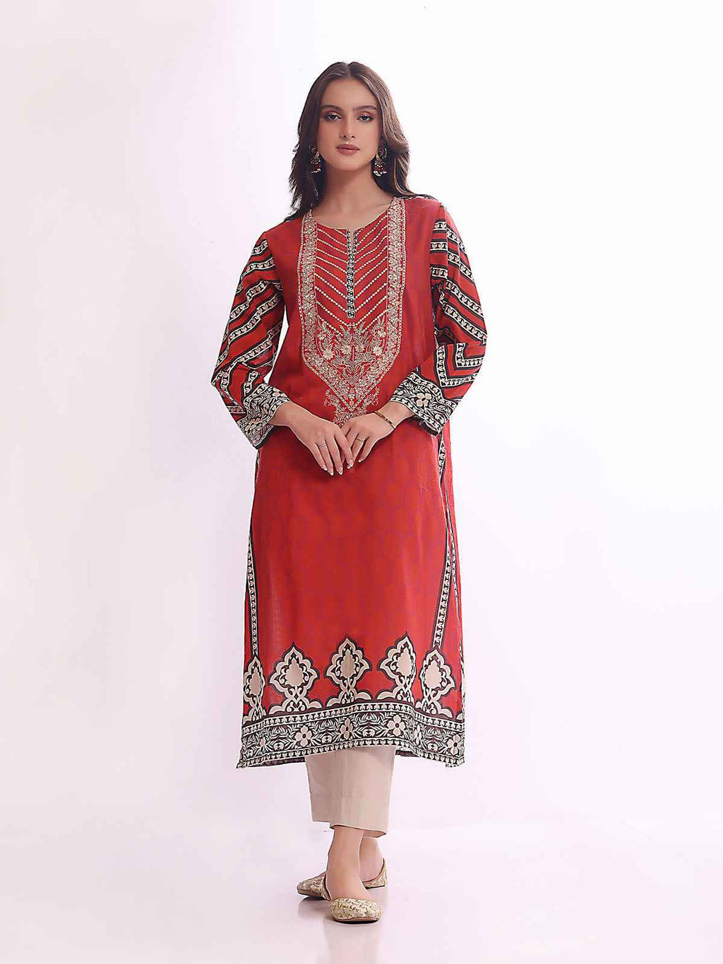 1Pc Embroidered Pret Kurti Lawn Rust - OWEKT-2304034