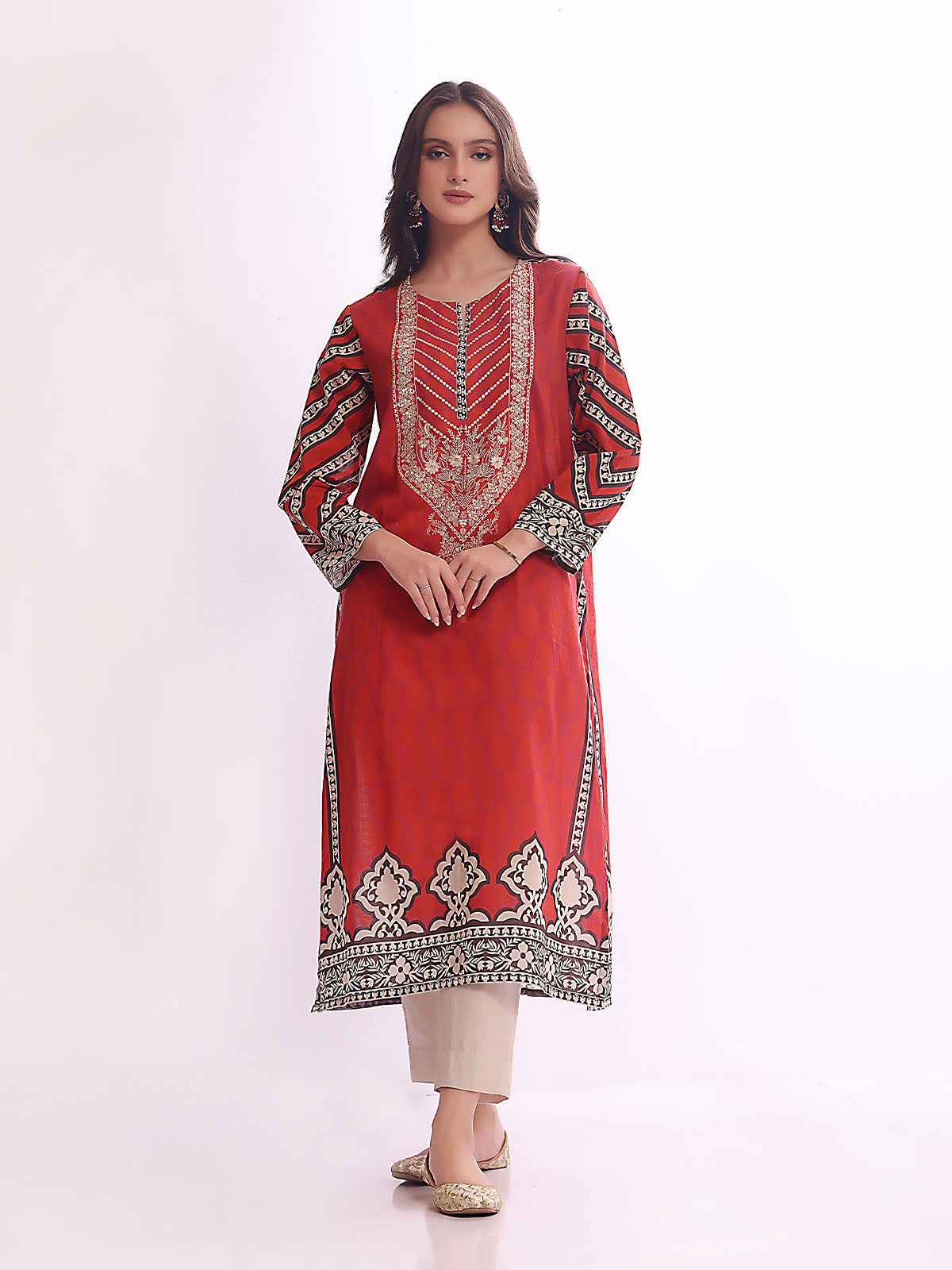 1Pc Embroidered Pret Kurti Lawn Rust - OWEKT-2304034