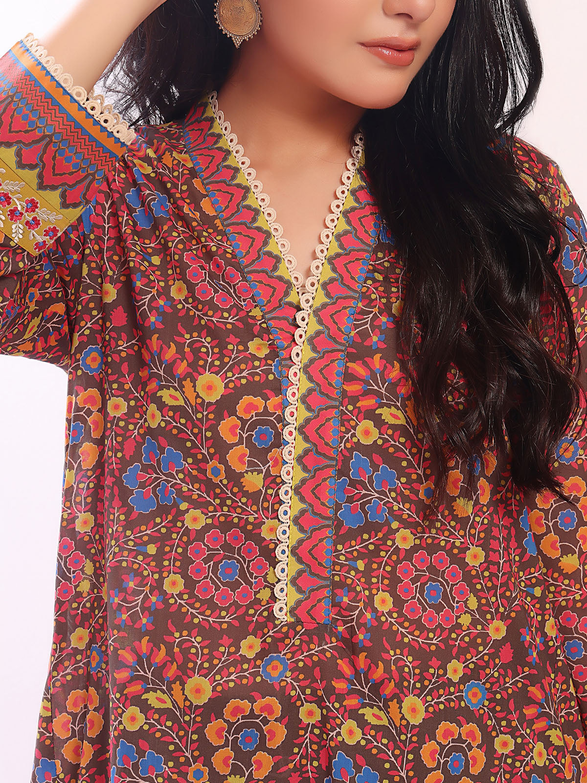 1Pc Embroidered Pret Kurti Lawn Brown - OWEKT-2304038