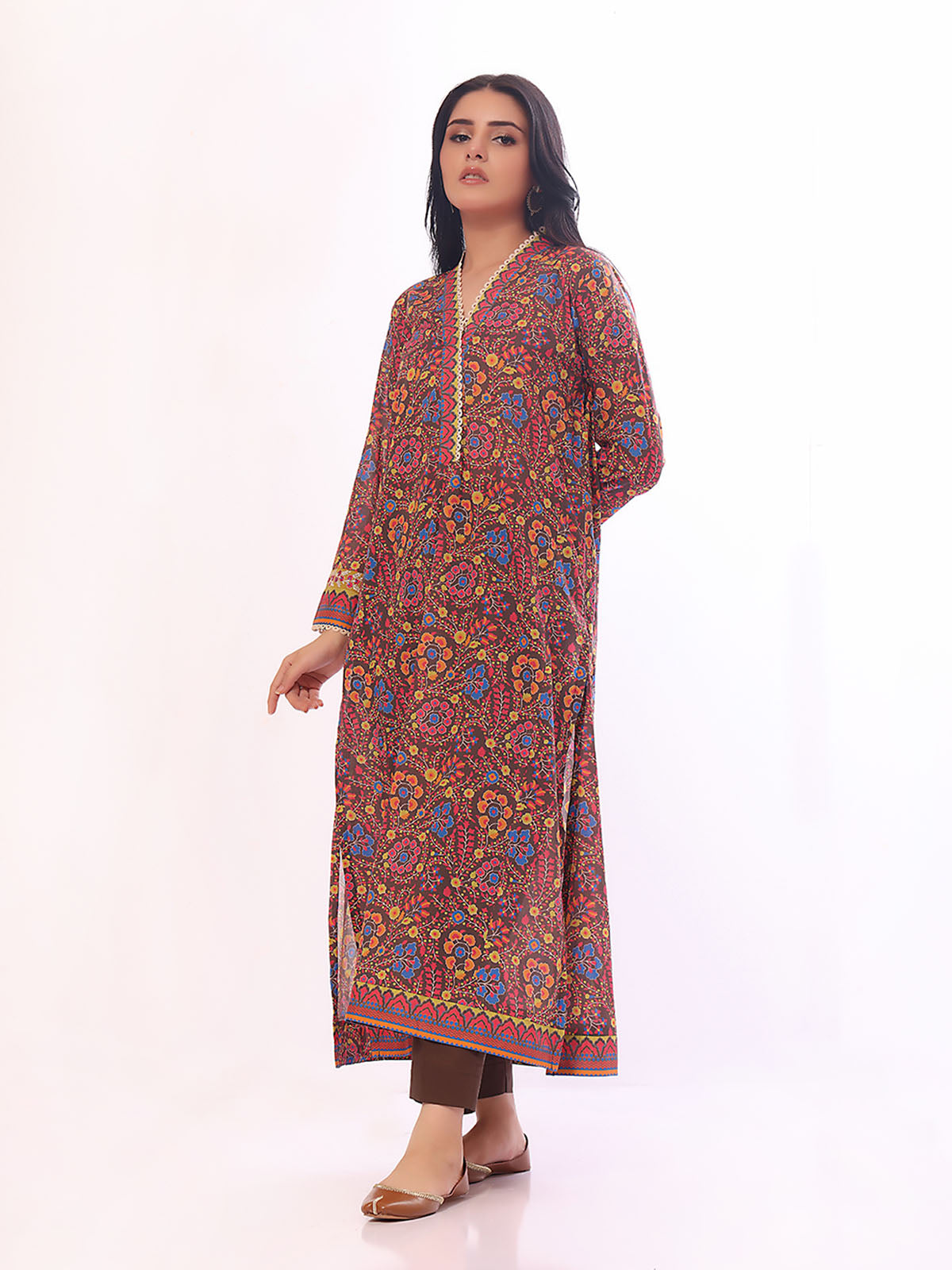 1Pc Embroidered Pret Kurti Lawn Brown - OWEKT-2304038