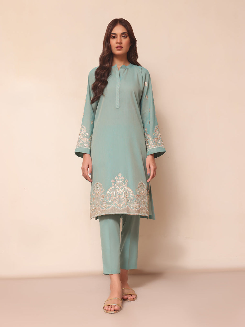 1Pc Embroidered Pret Kurti Yarn Dyed Green - OWEKTG-2306011