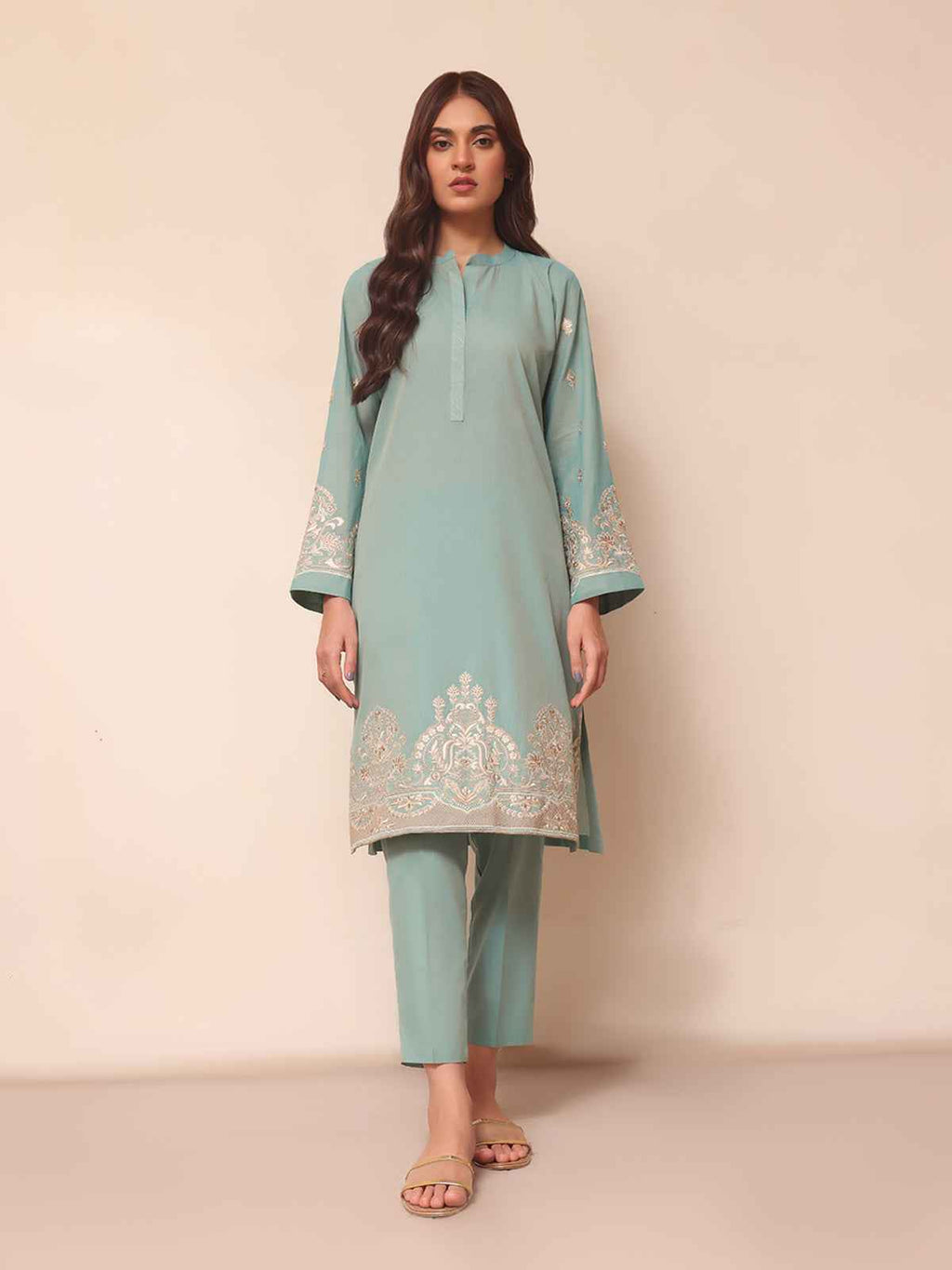 1Pc Embroidered Pret Kurti Yarn Dyed Green - OWEKTG-2306011