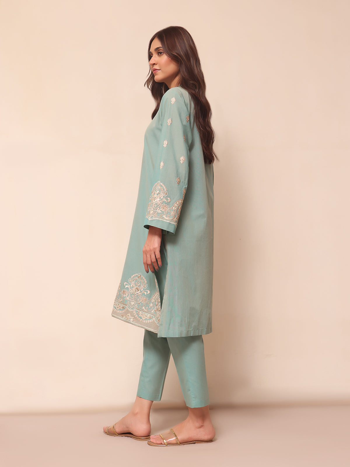 1Pc Embroidered Pret Kurti Yarn Dyed Green - OWEKTG-2306011