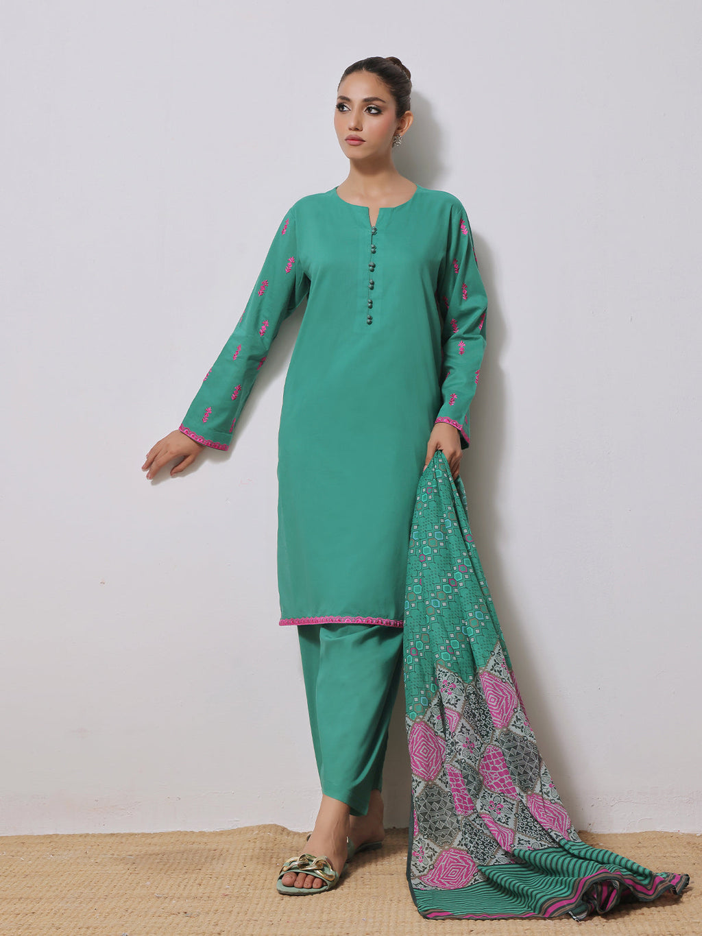 1Pc Embroidered Pret Kurti Yarn Dyed Green - OWEKTG-2310020