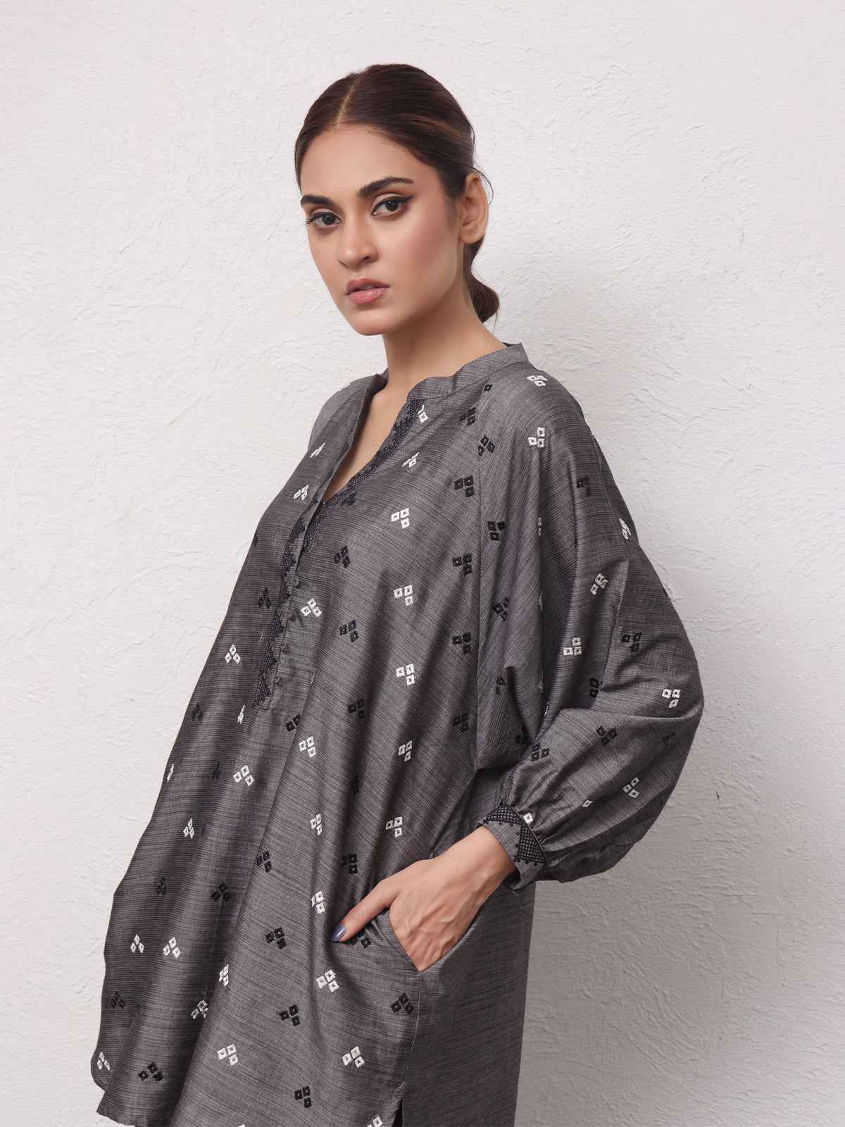 1Pc Embroidered Pret Kurti Yarn Dyed Grey - OWETPG-2306009