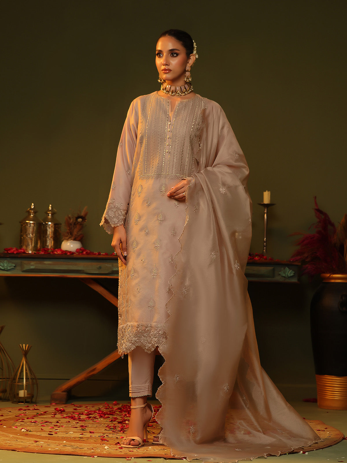 2Pc Embroidered Pret Shirt Trouser Cotton Net Peach - OWE2P-2406012