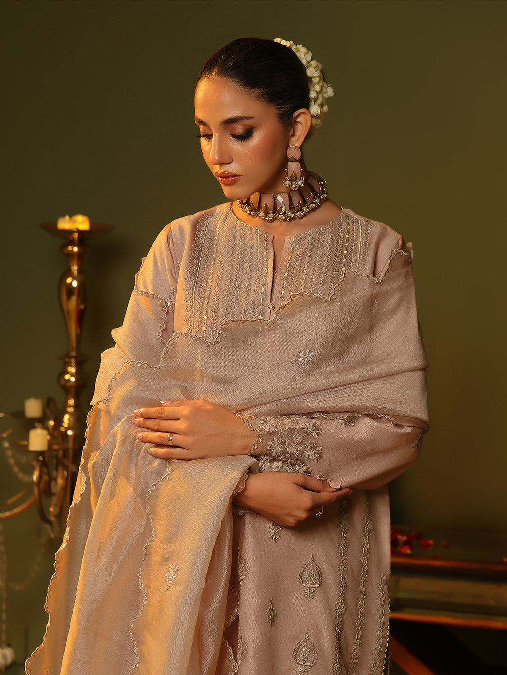 2Pc Embroidered Pret Shirt Trouser Cotton Net Peach - OWE2P-2406012