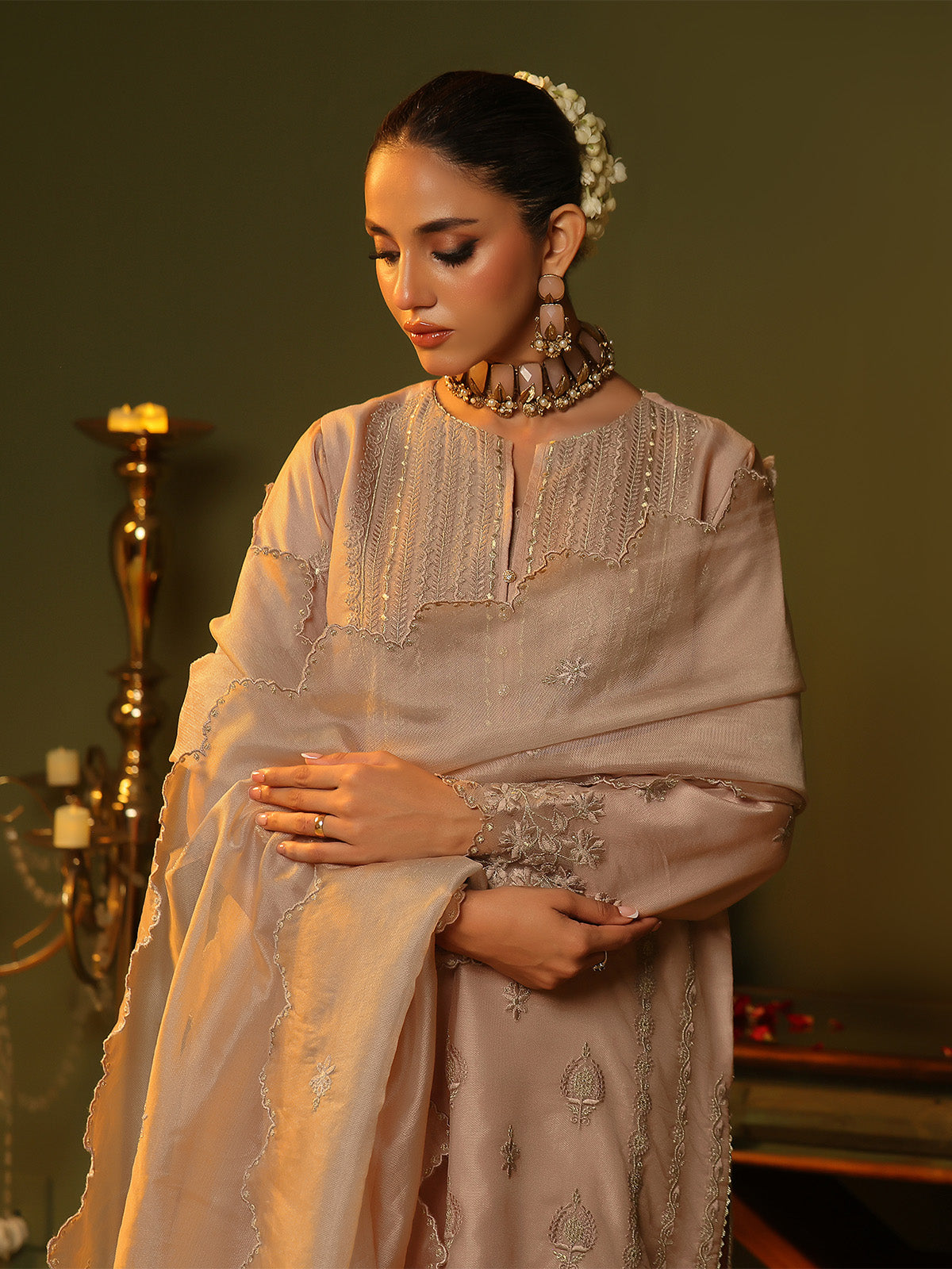 2Pc Embroidered Pret Shirt Trouser Cotton Net Peach - OWE2P-2406012