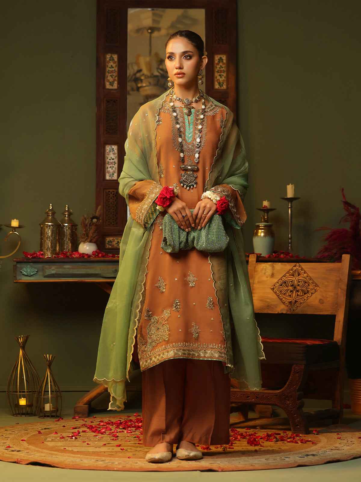 3Pc Embroidered Pret Suit Organza Orange - OWE3P-2406013