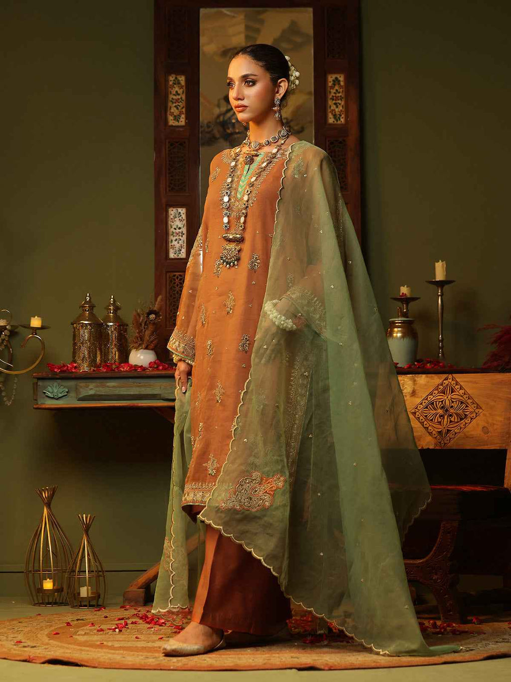 3Pc Embroidered Pret Suit Organza Orange - OWE3P-2406013