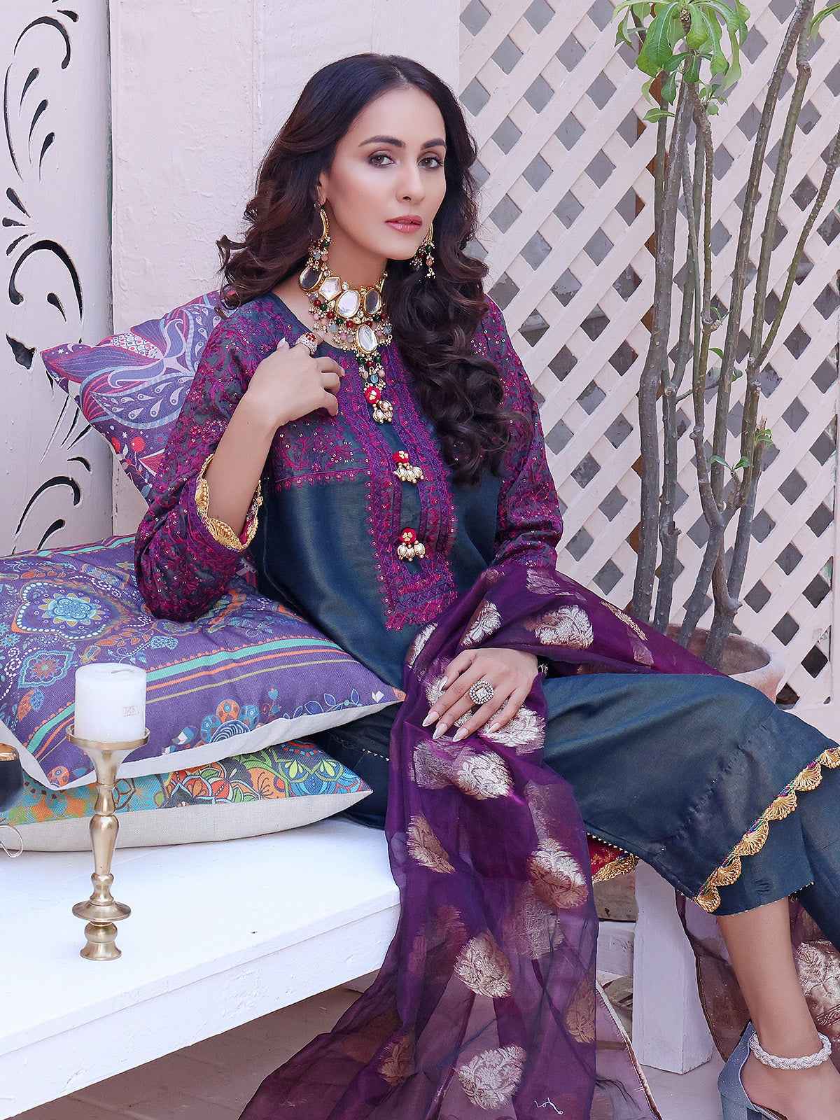 2Pc Embroidered Pret Shirt Dupatta Masoori Navy Blue - OWE2P-2209002