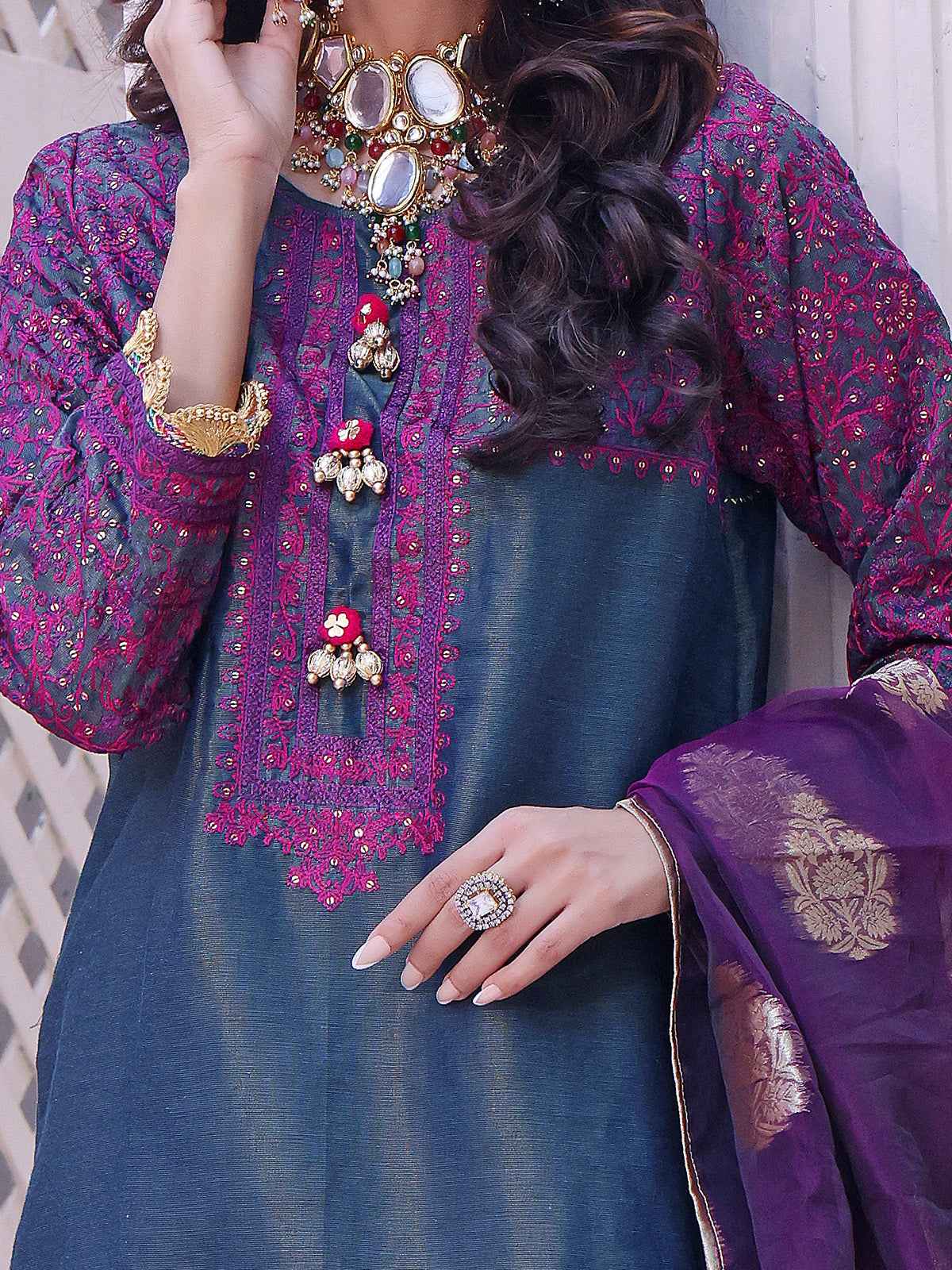 2Pc Embroidered Pret Shirt Dupatta Masoori Navy Blue - OWE2P-2209002