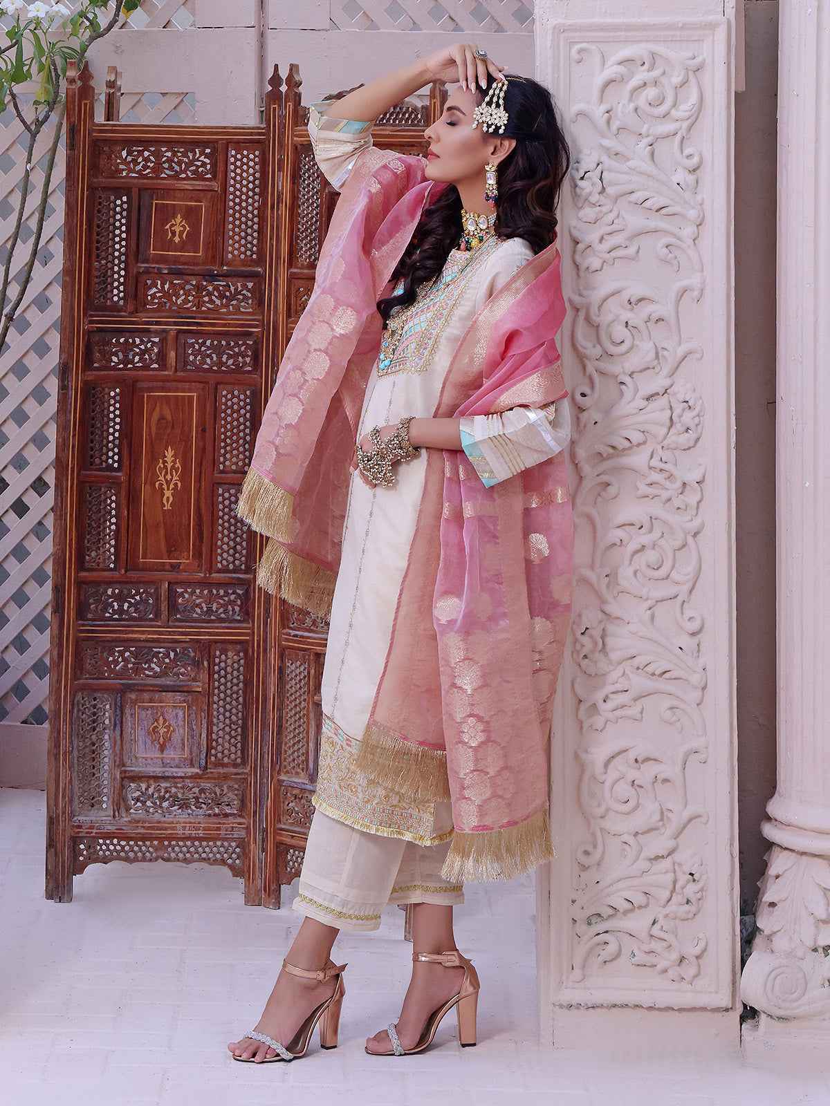 2Pc Embroidered Pret Shirt Dupatta Masoori Beige - OWE2P-2209005