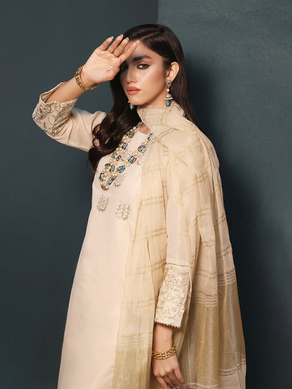 2Pc Embroidered Pret Shirt Dupatta Masoori Golden - OWE2P-2211007