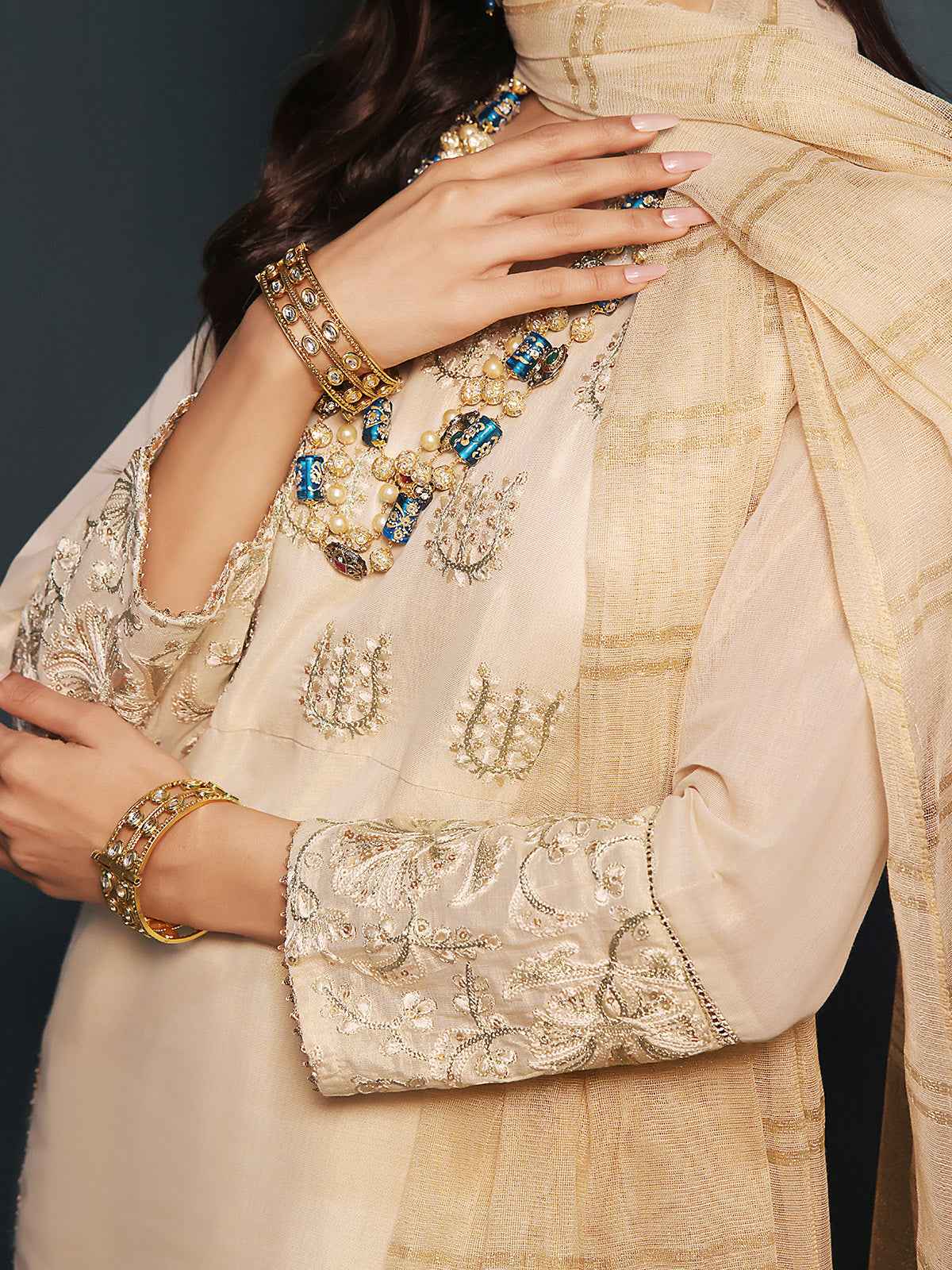 2Pc Embroidered Pret Shirt Dupatta Masoori Golden - OWE2P-2211007